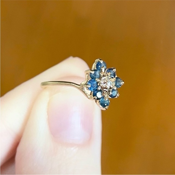 14K Natural Sapphire Diamond cluster pyramid dark blue yellow gold ring - Picture 7 of 10